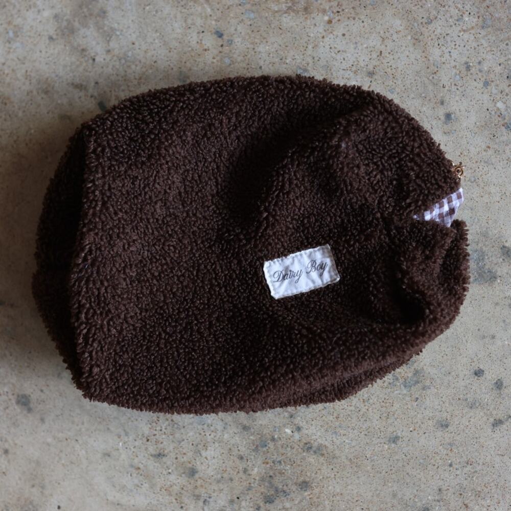Dairy Boy Brown Sherpa Zipper Pouch Cosmetic Bag Gingham Lined